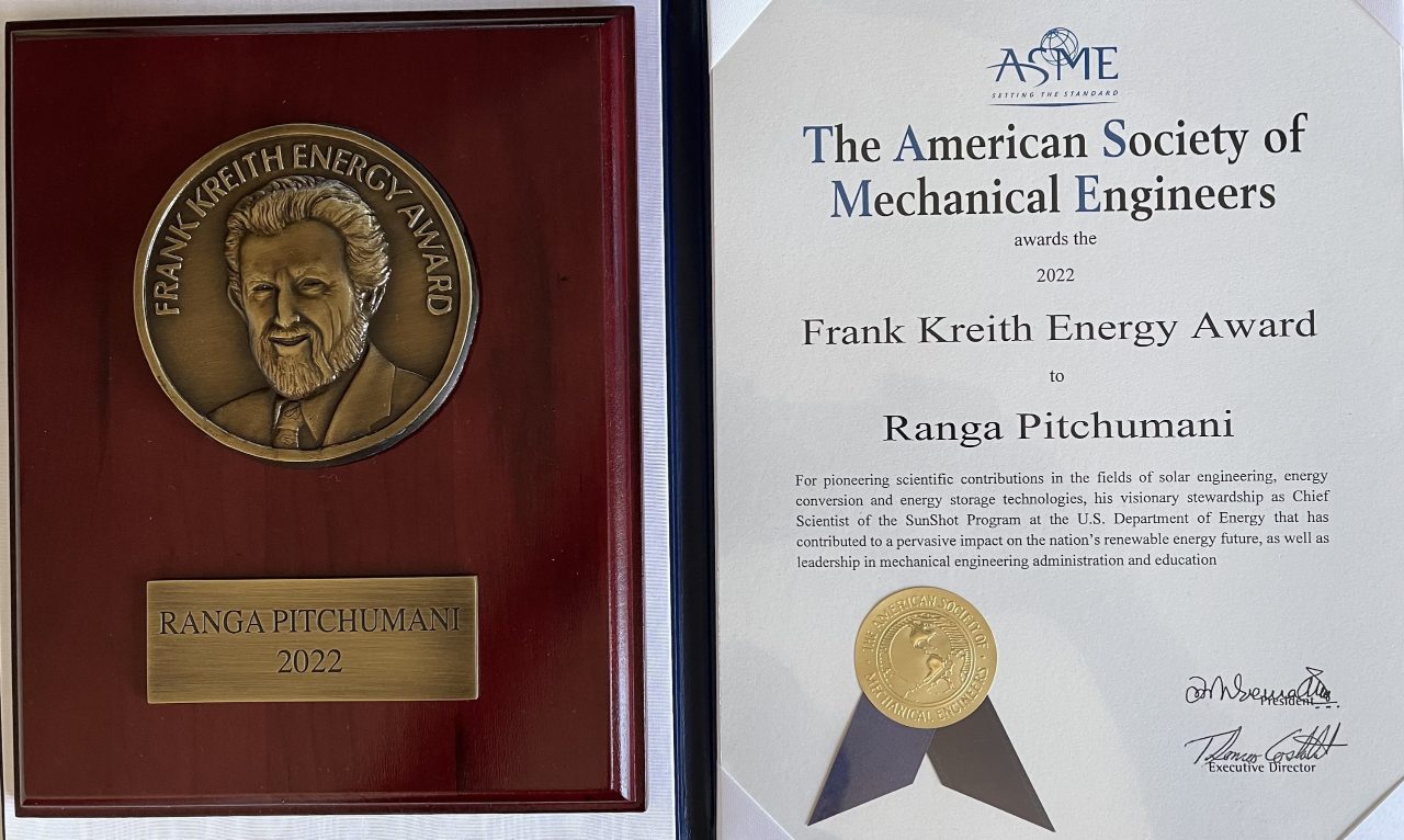 Professor Pitchumani receives the 2022 ASME Frank Kreith Energy Award