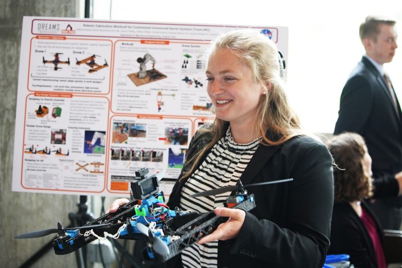 Camille Kudrna presents the 3D-printed drone created by her group a the 2022 Senior Design Expo.